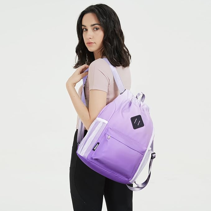 WANDF Drawstring Backpack Sports Gym Bag with Shoes Compartment, Water-Resistant String Backpack Cinch for Women Men (Small,Purple Gradient)