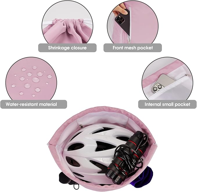 WANDF Drawstring Backpack Sports Gym Sackpack with Mesh Pockets Water Resistant String Bag for Women Men(Pink)