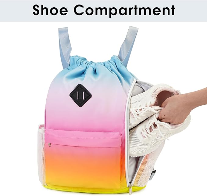 WANDF Drawstring Backpack Sports Gym Bag with Shoes Compartment, Water-Resistant String Backpack Cinch Bag for Women Men (Rainbow)