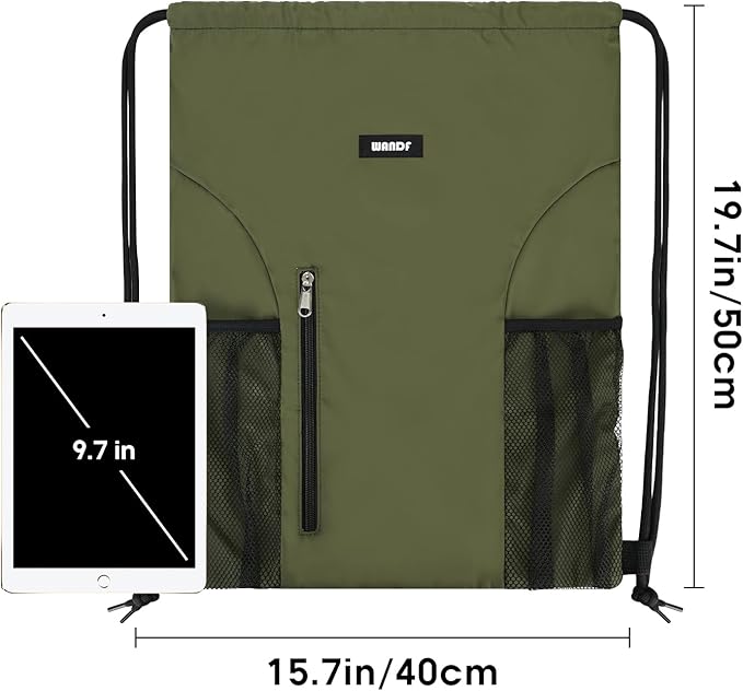 WANDF Drawstring Backpack Sports Gym Sackpack with Mesh Pockets Water Resistant String Bag for Women Men (Dark Green)