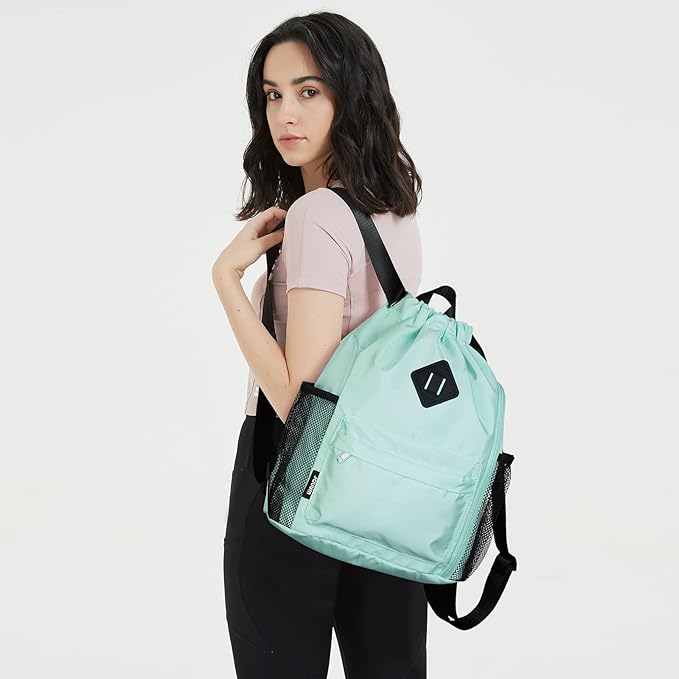 WANDF Drawstring Backpack Sports Gym Bag with Shoes Compartment, Water-Resistant String Backpack Cinch for Women Men (Small,Mint green)