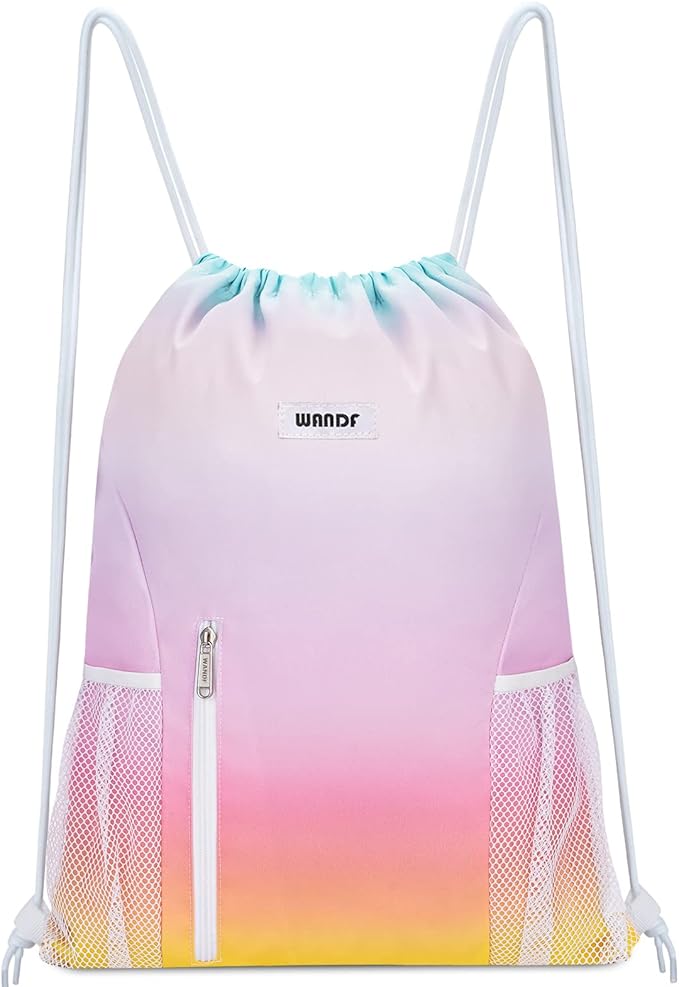 WANDF Drawstring Backpack Sports Gym Sackpack with Mesh Pockets Water Resistant String Bag for Women Men (Rainbow)