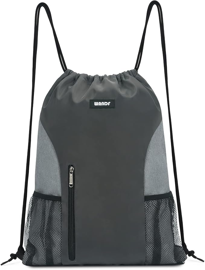 WANDF Drawstring Backpack Sports Gym Sackpack with Mesh Pockets Water Resistant String Bag for Women Men (Grey)