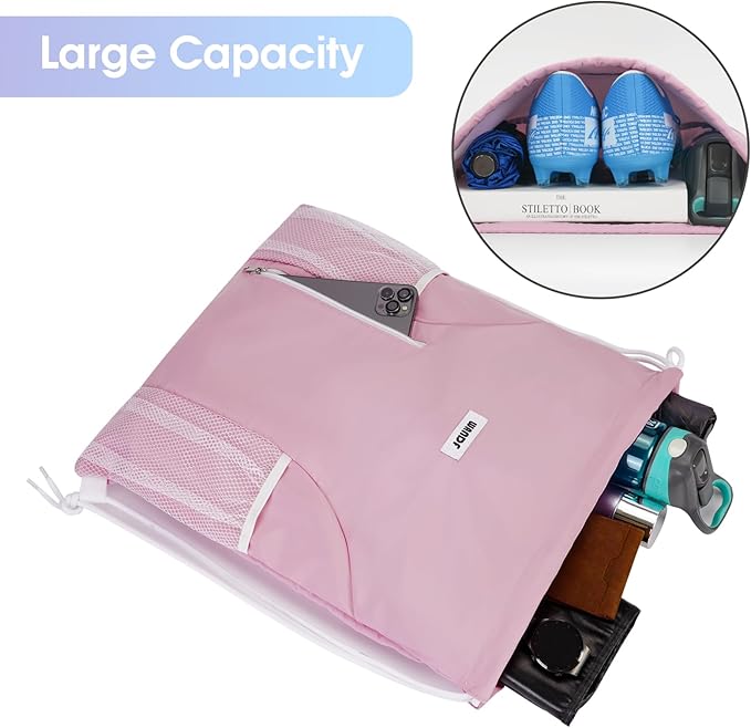 WANDF Drawstring Backpack Sports Gym Sackpack with Mesh Pockets Water Resistant String Bag for Women Men(Pink)