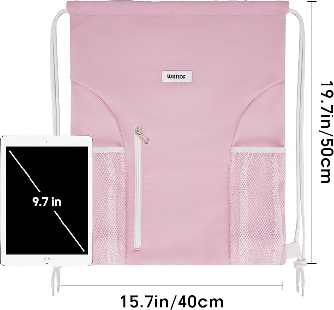 WANDF Drawstring Backpack Sports Gym Sackpack with Mesh Pockets Water Resistant String Bag for Women Men(Pink)
