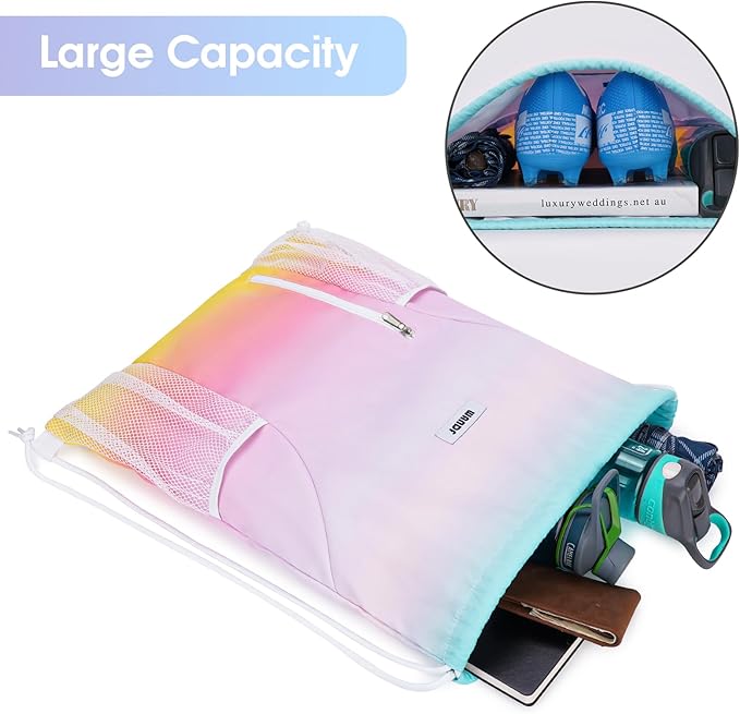 WANDF Drawstring Backpack Sports Gym Sackpack with Mesh Pockets Water Resistant String Bag for Women Men (Rainbow)