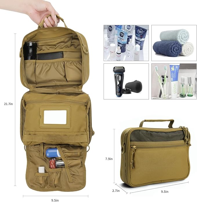 SUNRISING Tactical Toiletry Bag for Men - Hanging Travel Dopp Kit, Shaving Hygiene Organizer, Durable Bathroom Essentials for Short Trips & Camping Khaki(No molle)
