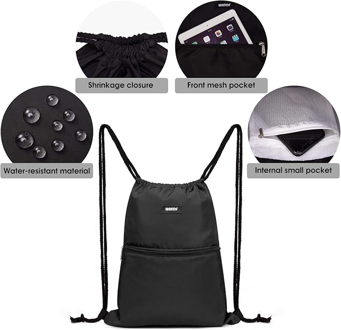 WANDF Drawstring Backpack String Bag Sackpack Cinch Water Resistant Nylon for Gym Shopping Sport Yoga (Black)