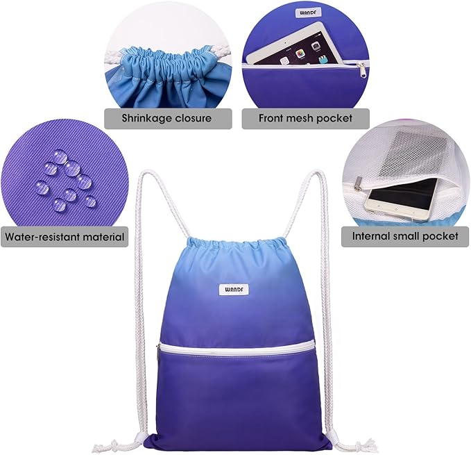 WANDF Drawstring Backpack String Bag Sackpack Cinch Water Resistant Nylon for Gym Shopping Sport Yoga (Blue)