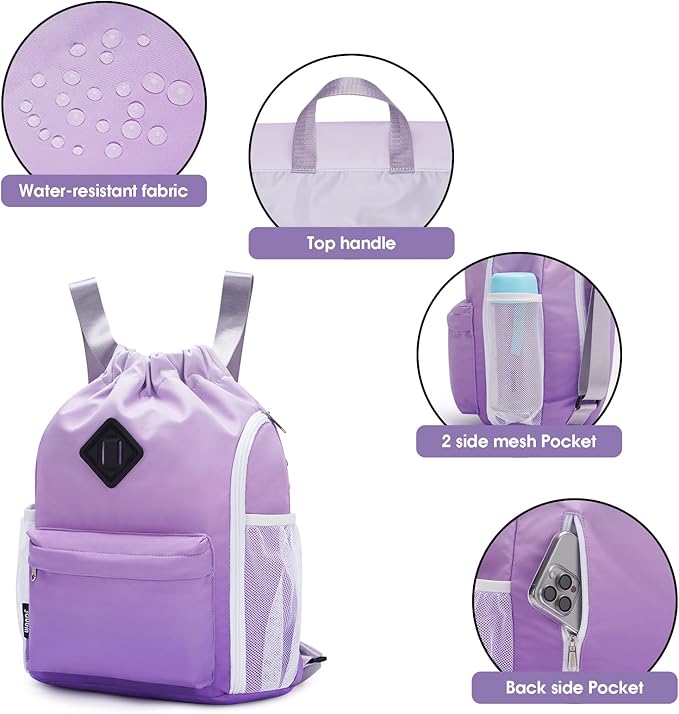 WANDF Drawstring Backpack Sports Gym Bag with Shoes Compartment, Water-Resistant String Backpack Cinch for Women Men (Small,Purple Gradient)