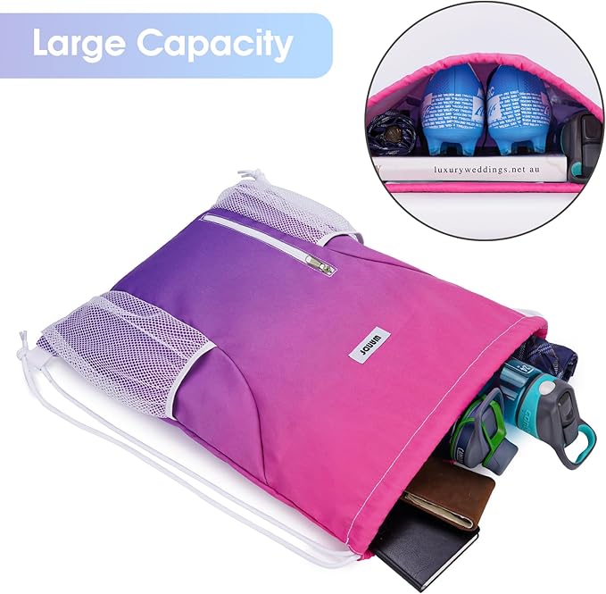 WANDF Drawstring Backpack Sports Gym Sackpack with Mesh Pockets Water Resistant String Bag for Women Men (Rose Red)