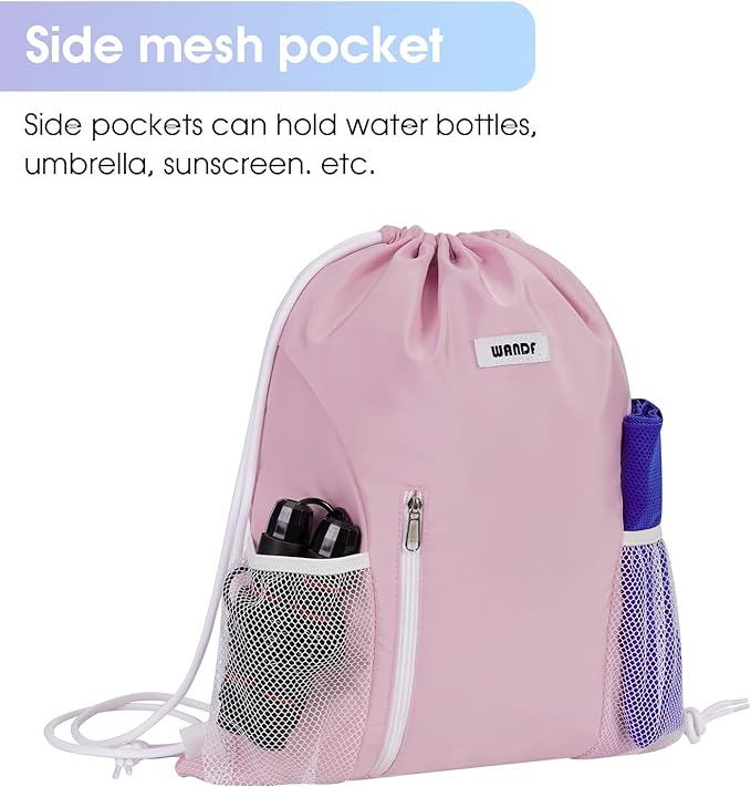 WANDF Drawstring Backpack Sports Gym Sackpack with Mesh Pockets Water Resistant String Bag for Women Men(Pink)