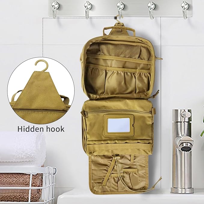 SUNRISING Tactical Toiletry Bag for Men - Hanging Travel Dopp Kit, Shaving Hygiene Organizer, Durable Bathroom Essentials for Short Trips & Camping Khaki(No molle)