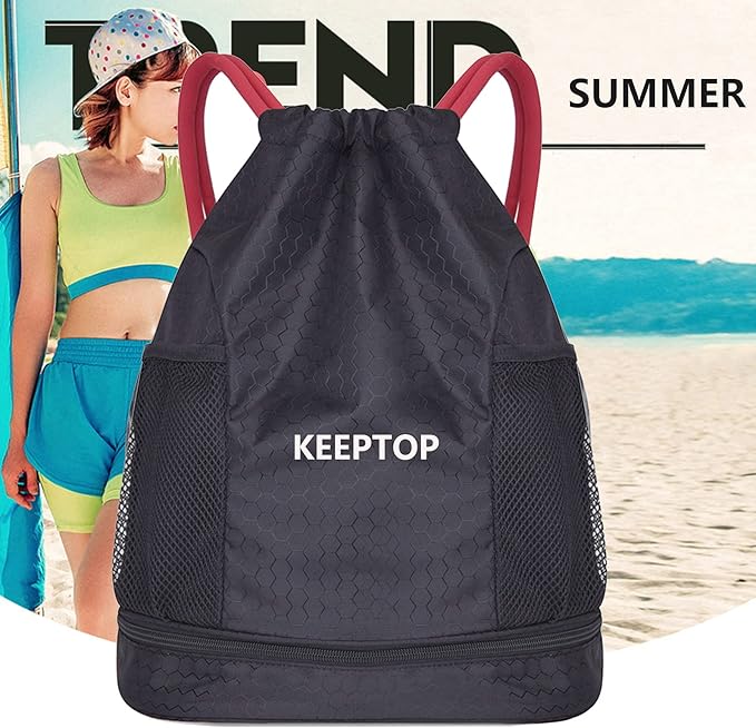 Drawstring Backpack Waterproof Training Gymsack Drawstring Strap Dry Wet Depart Daypack Swimming Yoga Sports Trvel Bags with String Bag Shoulder Rucksack (Black with Red Drawstring)
