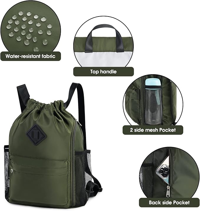 WANDF Drawstring Backpack Sports Gym Bag with Shoes Compartment, Water-Resistant String Backpack Cinch for Women Men (Small,Dark green)