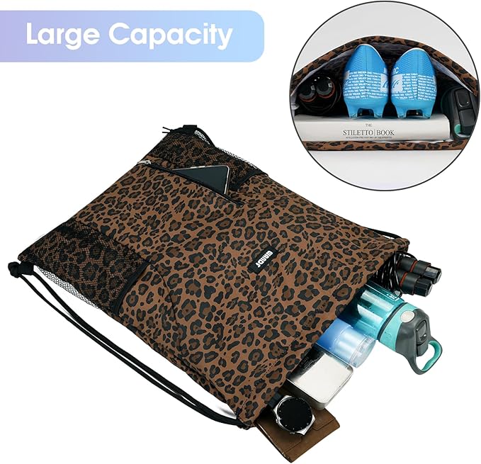 WANDF Drawstring Backpack Sports Gym Sackpack with Mesh Pockets Water Resistant String Bag for Women Men (Brown Leopard)