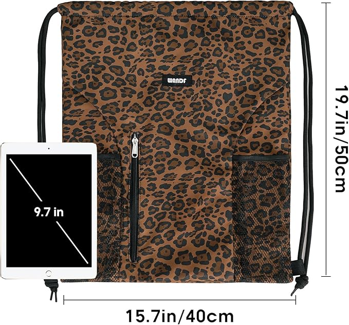 WANDF Drawstring Backpack Sports Gym Sackpack with Mesh Pockets Water Resistant String Bag for Women Men (Brown Leopard)