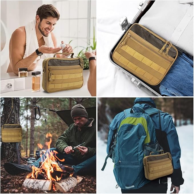 SUNRISING Tactical Toiletry Bag for Men - Hanging Travel Dopp Kit, Shaving Hygiene Organizer, Durable Bathroom Essentials for Short Trips & Camping Khaki