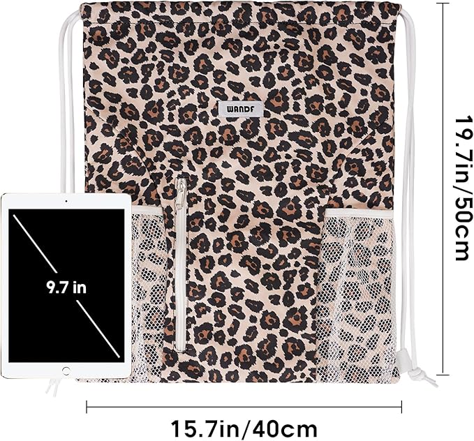 WANDF Drawstring Backpack Sports Gym Sackpack with Mesh Pockets Water Resistant String Bag for Women Men (Pink Leopard)