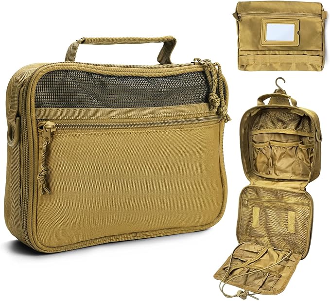 SUNRISING Tactical Toiletry Bag for Men - Hanging Travel Dopp Kit, Shaving Hygiene Organizer, Durable Bathroom Essentials for Short Trips & Camping Khaki(No molle)