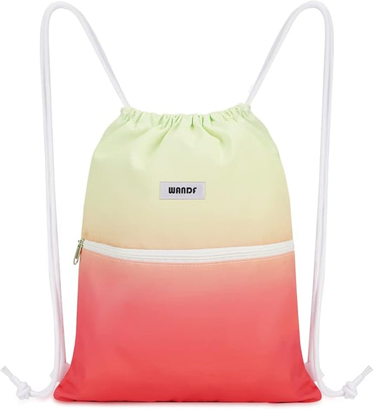 WANDF Drawstring Backpack String Bag Sackpack Cinch Water Resistant Nylon for Sport Yoga Gym Shopping (Red-Green Gradient)