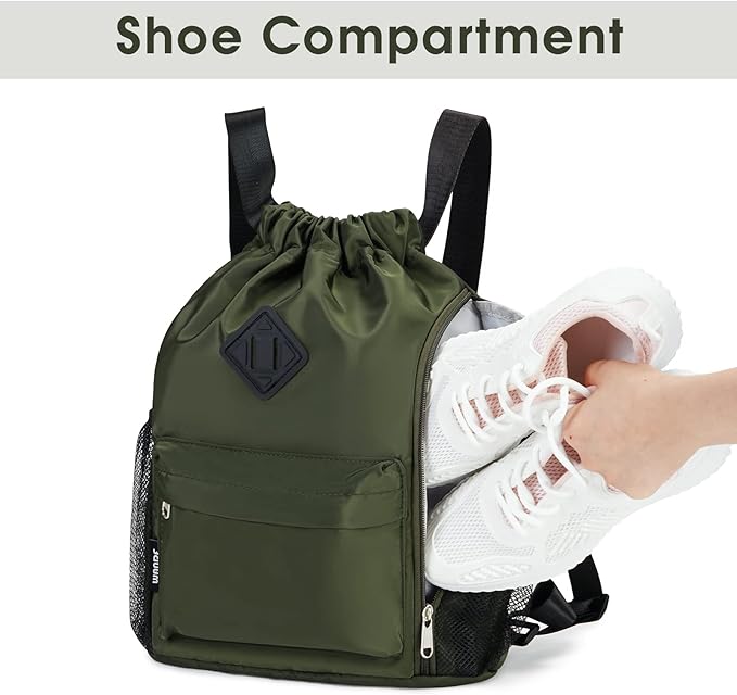 WANDF Drawstring Backpack Sports Gym Bag with Shoes Compartment, Water-Resistant String Backpack Cinch for Women Men (Small,Dark green)