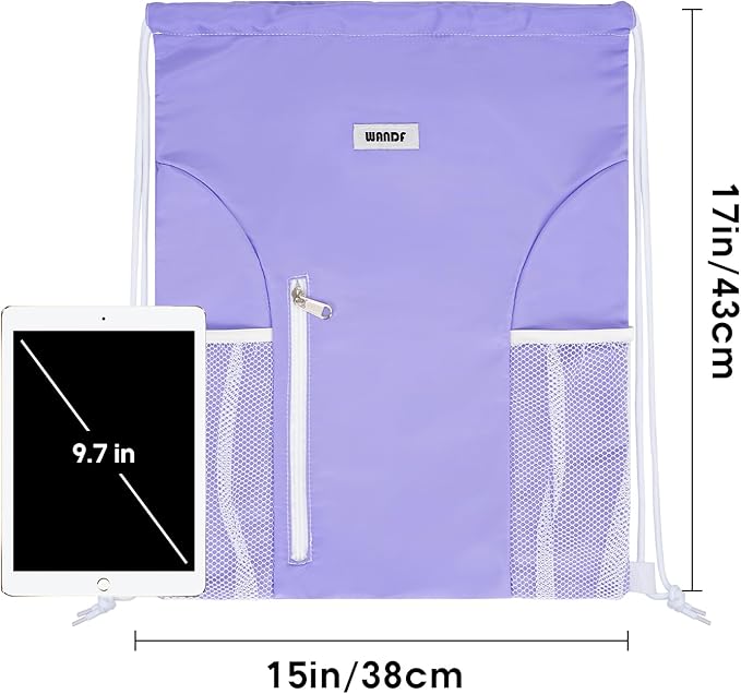 WANDF Drawstring Backpack Sports Gym Sackpack with Mesh Pockets Water Resistant String Bag for Women Men (Purple)