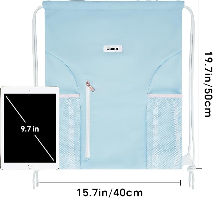 WANDF Drawstring Backpack Sports Gym Sackpack with Mesh Pockets Water Resistant String Bag for Women Men(Light Blue)