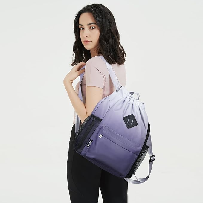 WANDF Drawstring Backpack Sports Gym Bag with Shoes Compartment, Water-Resistant String Backpack Cinch for Women Men (Small,Grey Gradient)