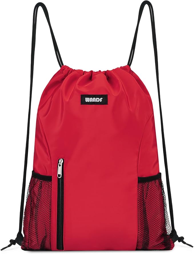 WANDF Drawstring Backpack Sports Gym Sackpack with Mesh Pockets Water Resistant String Bag for Women Men (Red)