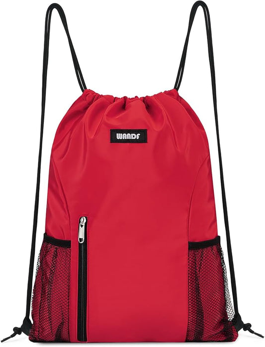 WANDF Drawstring Backpack Sports Gym Sackpack with Mesh Pockets Water Resistant String Bag for Women Men (Red)