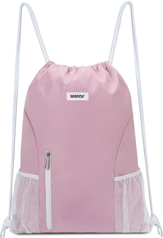 WANDF Drawstring Backpack Sports Gym Sackpack with Mesh Pockets Water Resistant String Bag for Women Men(Pink)