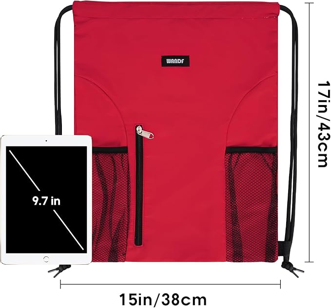 WANDF Drawstring Backpack Sports Gym Sackpack with Mesh Pockets Water Resistant String Bag for Women Men (Red)