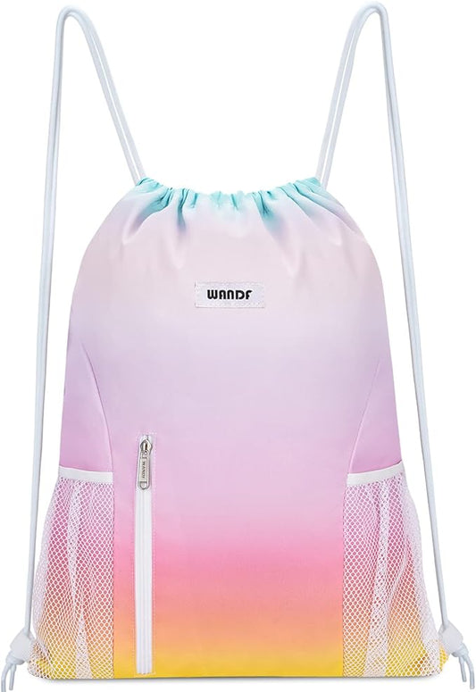 WANDF Drawstring Backpack Sports Gym Sackpack with Mesh Pockets Water Resistant String Bag for Women Men (Rainbow)