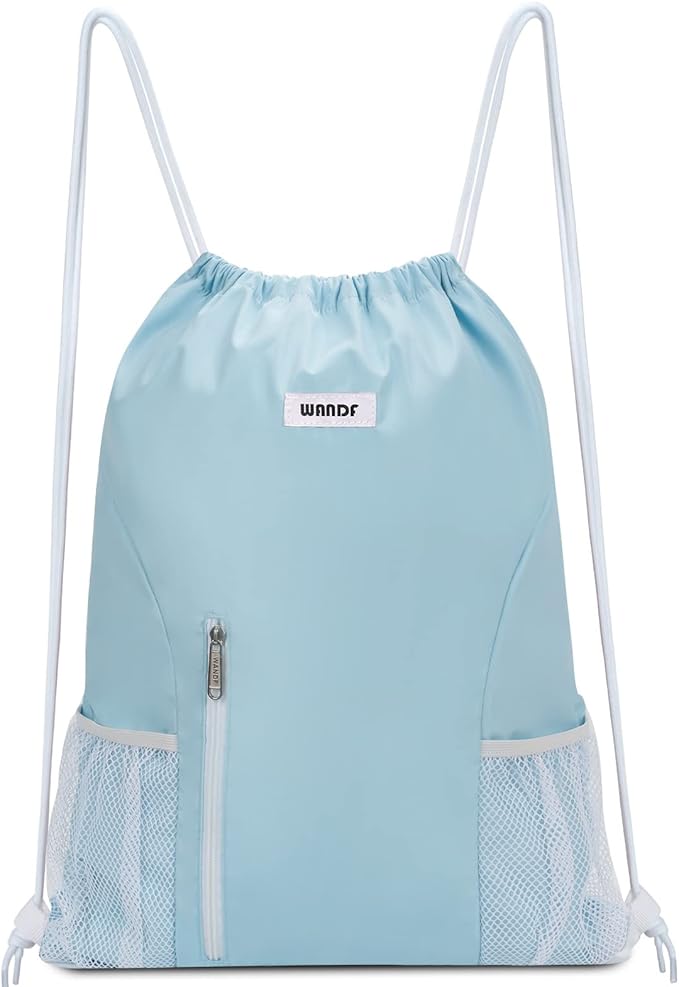 WANDF Drawstring Backpack Sports Gym Sackpack with Mesh Pockets Water Resistant String Bag for Women Men(Light Blue)