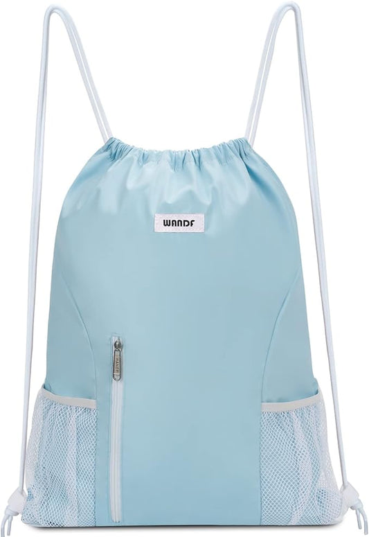 WANDF Drawstring Backpack Sports Gym Sackpack with Mesh Pockets Water Resistant String Bag for Women Men(Light Blue)