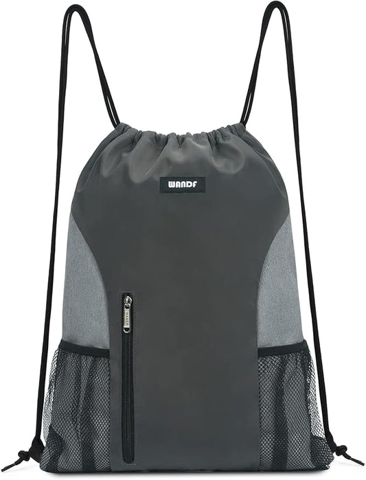 WANDF Drawstring Backpack Sports Gym Sackpack with Mesh Pockets Water Resistant String Bag for Women Men (Grey)