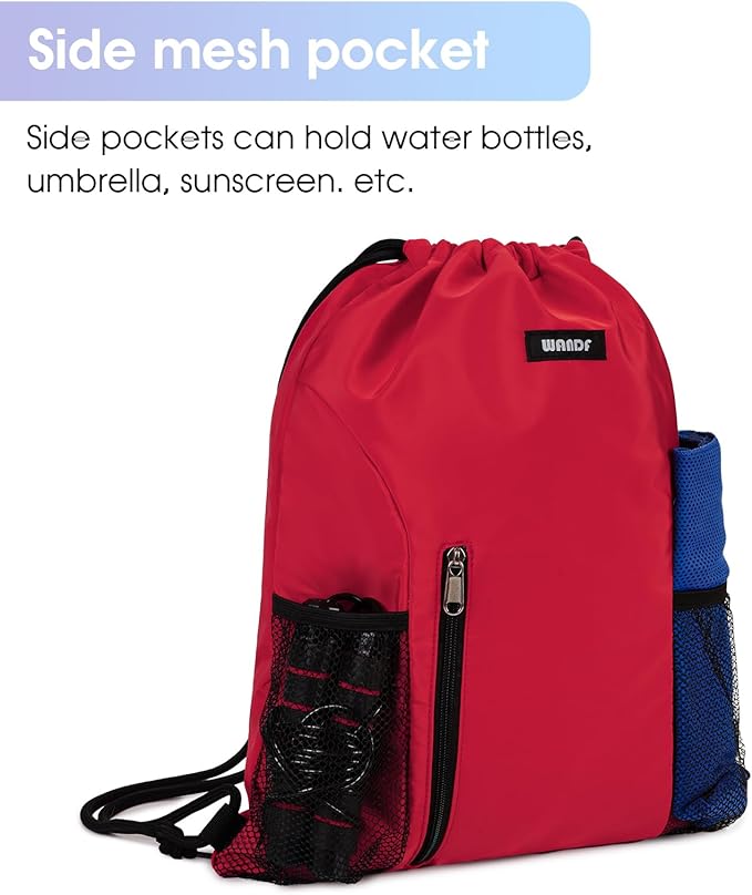 WANDF Drawstring Backpack Sports Gym Sackpack with Mesh Pockets Water Resistant String Bag for Women Men (Red)