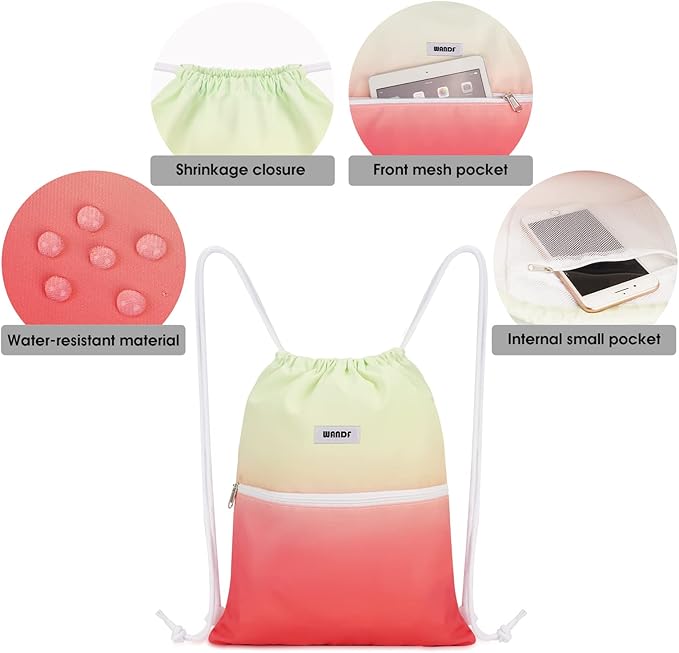 WANDF Drawstring Backpack String Bag Sackpack Cinch Water Resistant Nylon for Sport Yoga Gym Shopping (Red-Green Gradient)