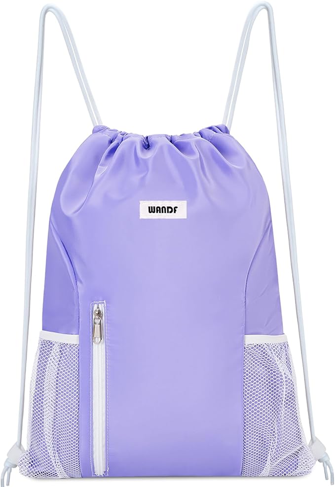 WANDF Drawstring Backpack Sports Gym Sackpack with Mesh Pockets Water Resistant String Bag for Women Men (Purple)