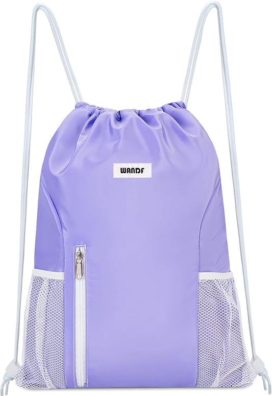 WANDF Drawstring Backpack Sports Gym Sackpack with Mesh Pockets Water Resistant String Bag for Women Men (Purple)