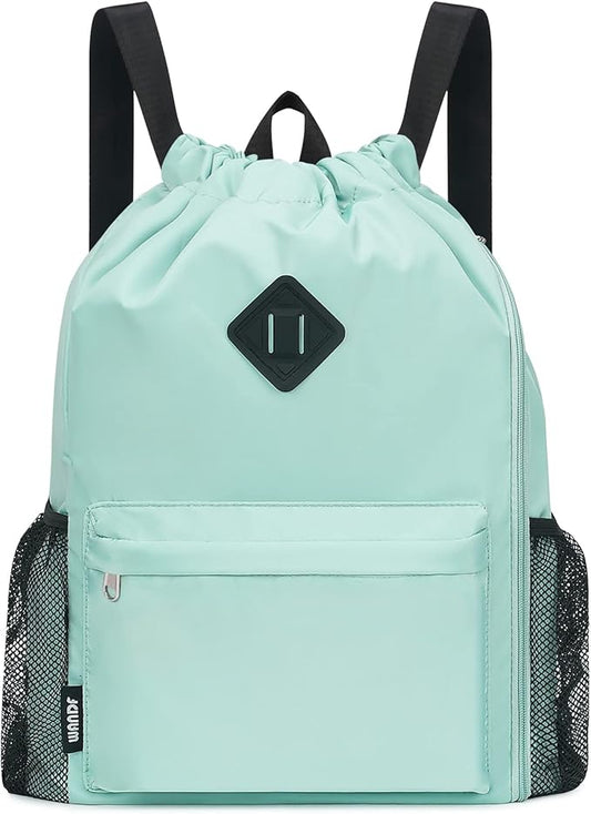 WANDF Drawstring Backpack Sports Gym Bag with Shoes Compartment, Water-Resistant String Backpack Cinch for Women Men (Large,Mint green)