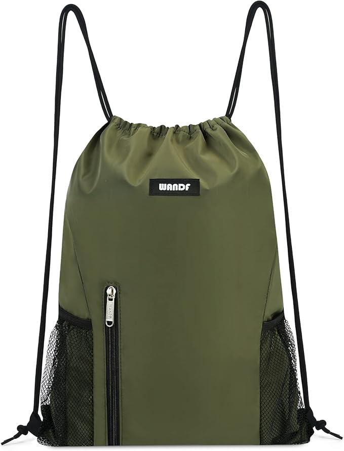 WANDF Drawstring Backpack Sports Gym Sackpack with Mesh Pockets Water Resistant String Bag for Women Men (Dark Green)