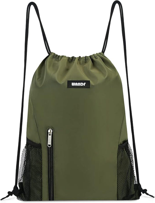 WANDF Drawstring Backpack Sports Gym Sackpack with Mesh Pockets Water Resistant String Bag for Women Men (Dark Green)