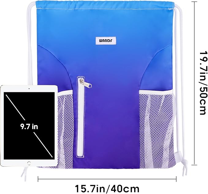 WANDF Drawstring Backpack Sports Gym Sackpack with Mesh Pockets Water Resistant String Bag for Women Men (Blue)