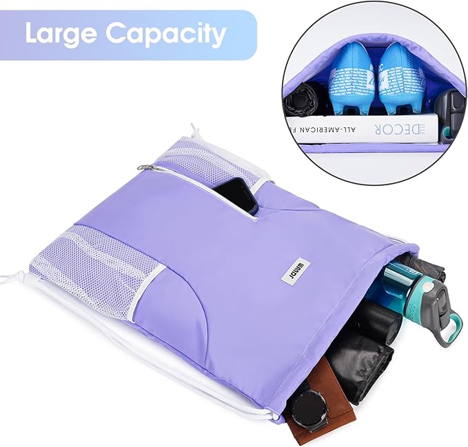 WANDF Drawstring Backpack Sports Gym Sackpack with Mesh Pockets Water Resistant String Bag for Women Men (Purple)