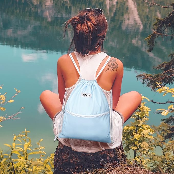 WANDF Drawstring Backpack String Bag Sackpack Cinch Water Resistant Nylon for Gym Shopping Sport Yoga (Light Blue)