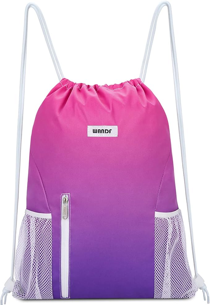 WANDF Drawstring Backpack Sports Gym Sackpack with Mesh Pockets Water Resistant String Bag for Women Men (Rose Red)