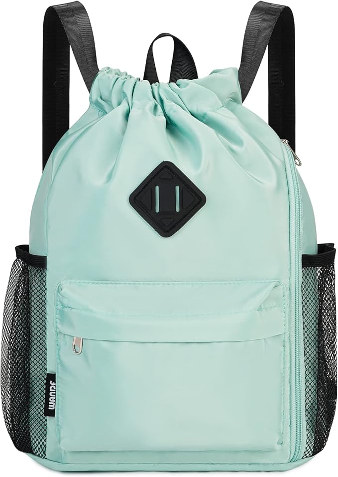 WANDF Drawstring Backpack Sports Gym Bag with Shoes Compartment, Water-Resistant String Backpack Cinch for Women Men (Small,Mint green)