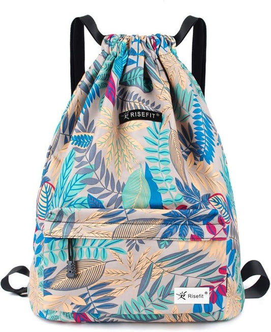 Drawstring Backpack with Mesh Pockets String Gym Bag Sackpack Sandproof Water Resistant Beach Backpack for Men Women